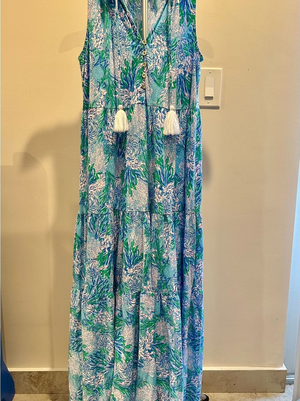 Lilly Pulitzer Malone Blue Green Floral Sleeveless Maxi with Tassel Tie